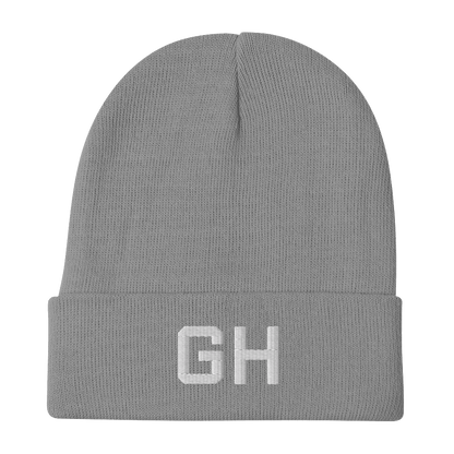 Grand Haven 'GH' Winter Beanie (Athletic Font) | White/Black Embroidery - Circumspice Michigan