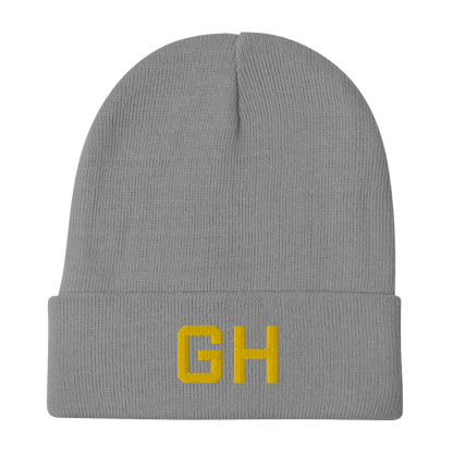 Grand Haven 'GH' Winter Beanie (Athletic Font) | Gold Embroidery - Circumspice Michigan