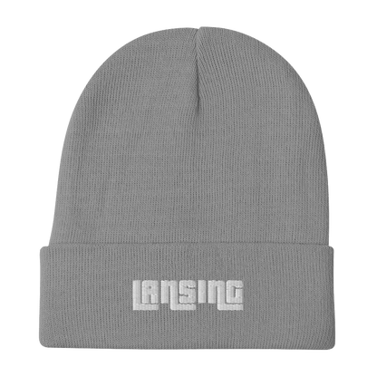 'Lansing' Winter Beanie (1970s Font) | White/Black Embroidery - Circumspice Michigan