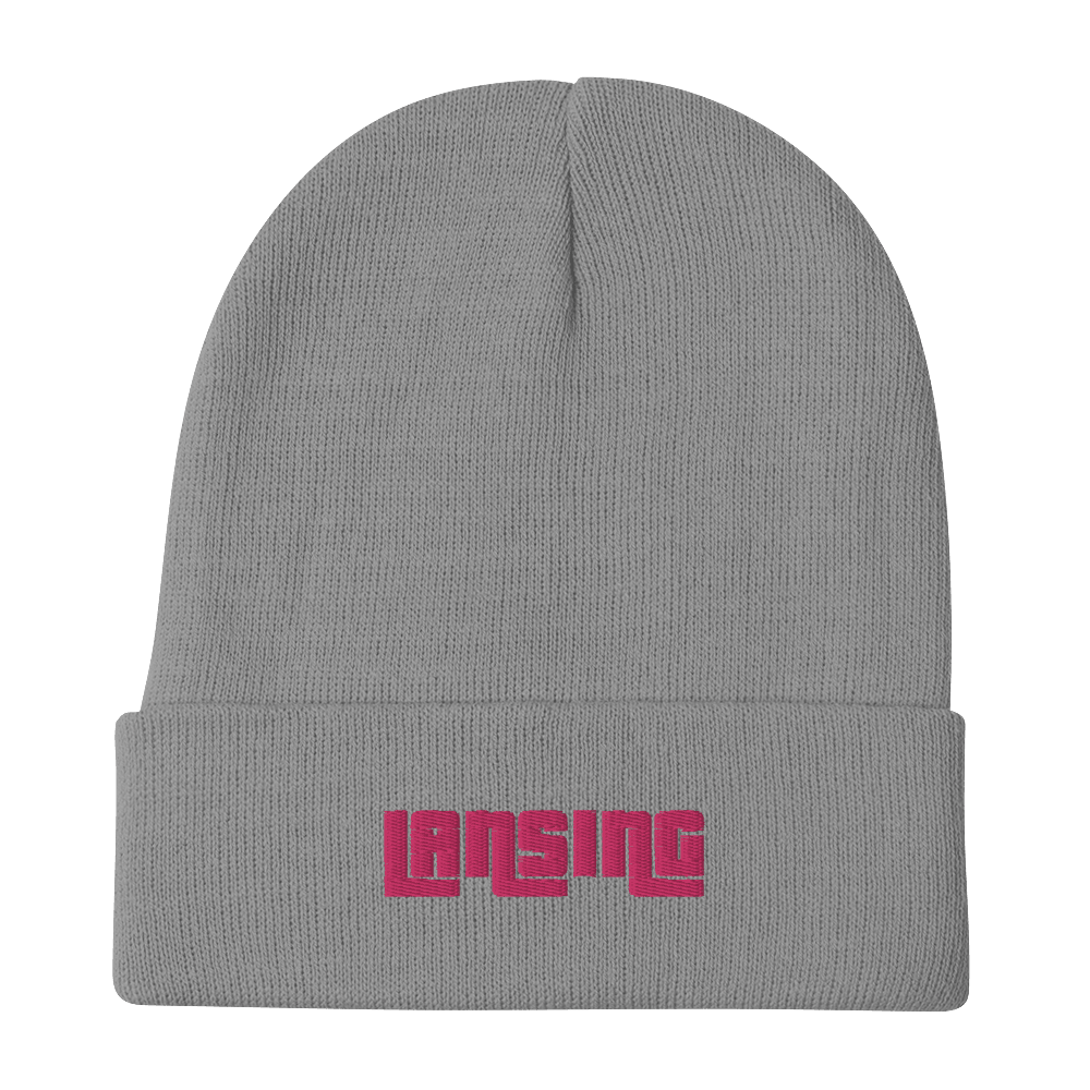 'Lansing' Winter Beanie (1970s Font) | Pink Embroidery - Circumspice Michigan