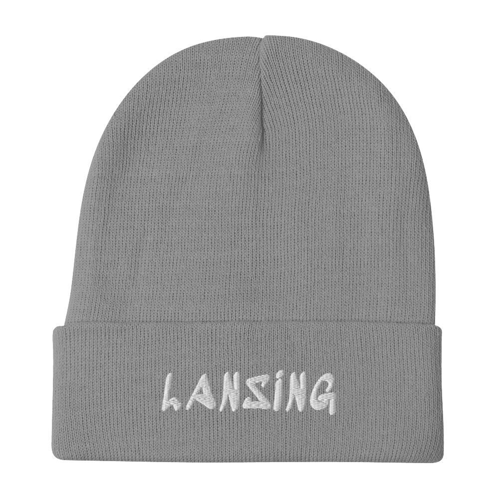 'Lansing' Winter Beanie (1980's Hip Hop Font) | White/Black Embroidery - Circumspice Michigan