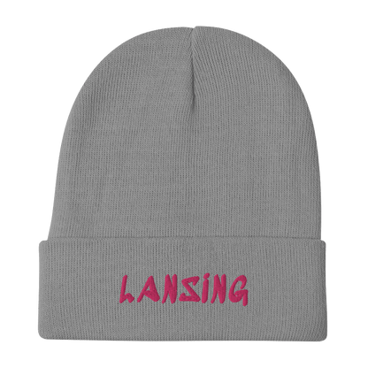 'Lansing' Winter Beanie (1980's Hip Hop Font) | Pink Embroidery - Circumspice Michigan