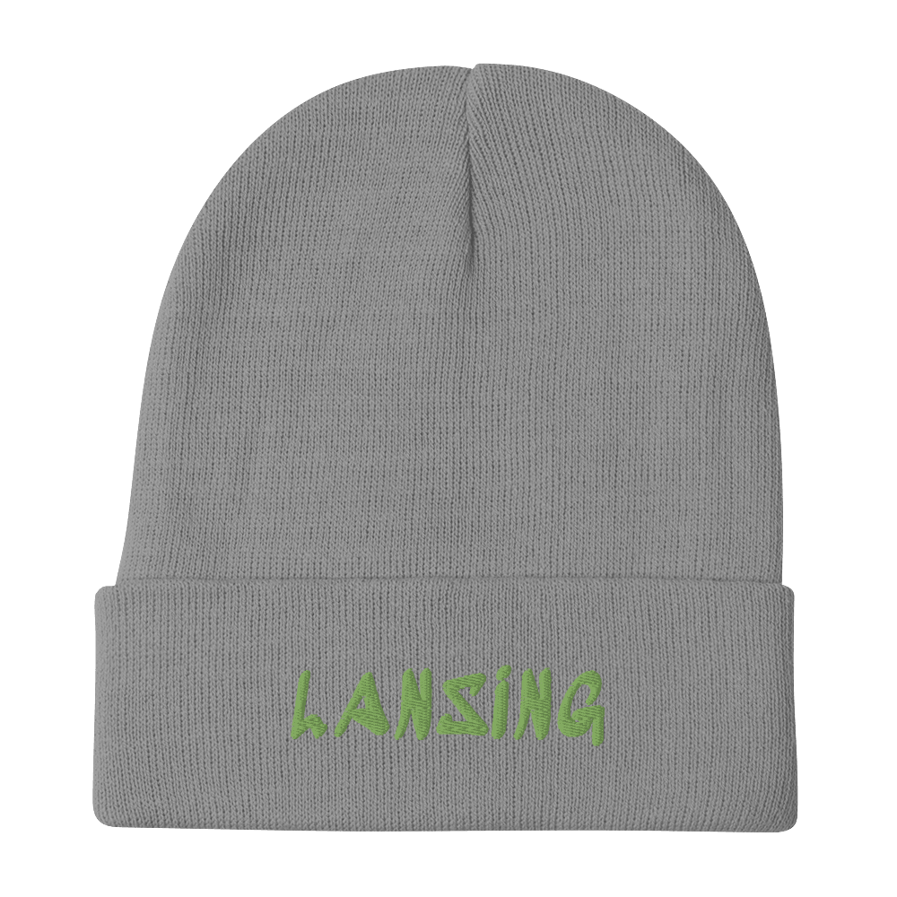 'Lansing' Winter Beanie (1980's Hip Hop Font) | Green Embroidery - Circumspice Michigan