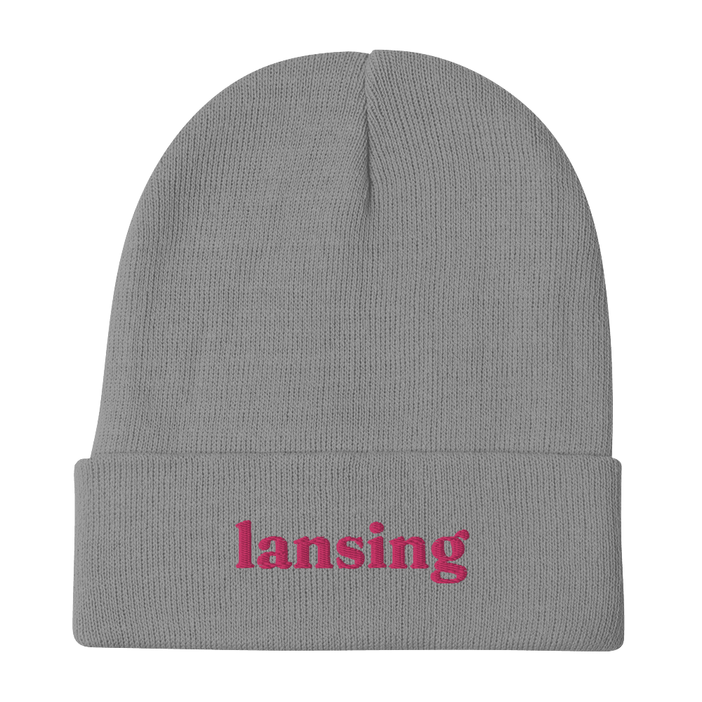 'Lansing' Winter Beanie (Old-Style Serif Font) | Pink Embroidery - Circumspice Michigan