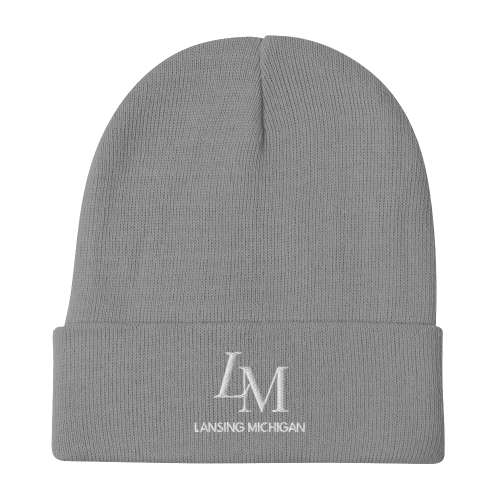 'LM Lansing Michigan' Winter Beanie (Luxury Goods Parody) | White/Black Embroidery - Circumspice Michigan