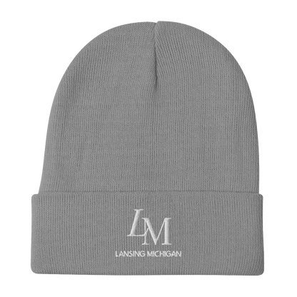 'LM Lansing Michigan' Winter Beanie (Luxury Goods Parody) | White/Black Embroidery - Circumspice Michigan