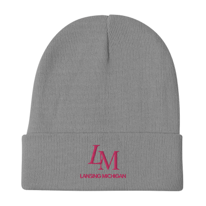 'LM Lansing Michigan' Winter Beanie (Luxury Goods Parody) | Pink Embroidery - Circumspice Michigan