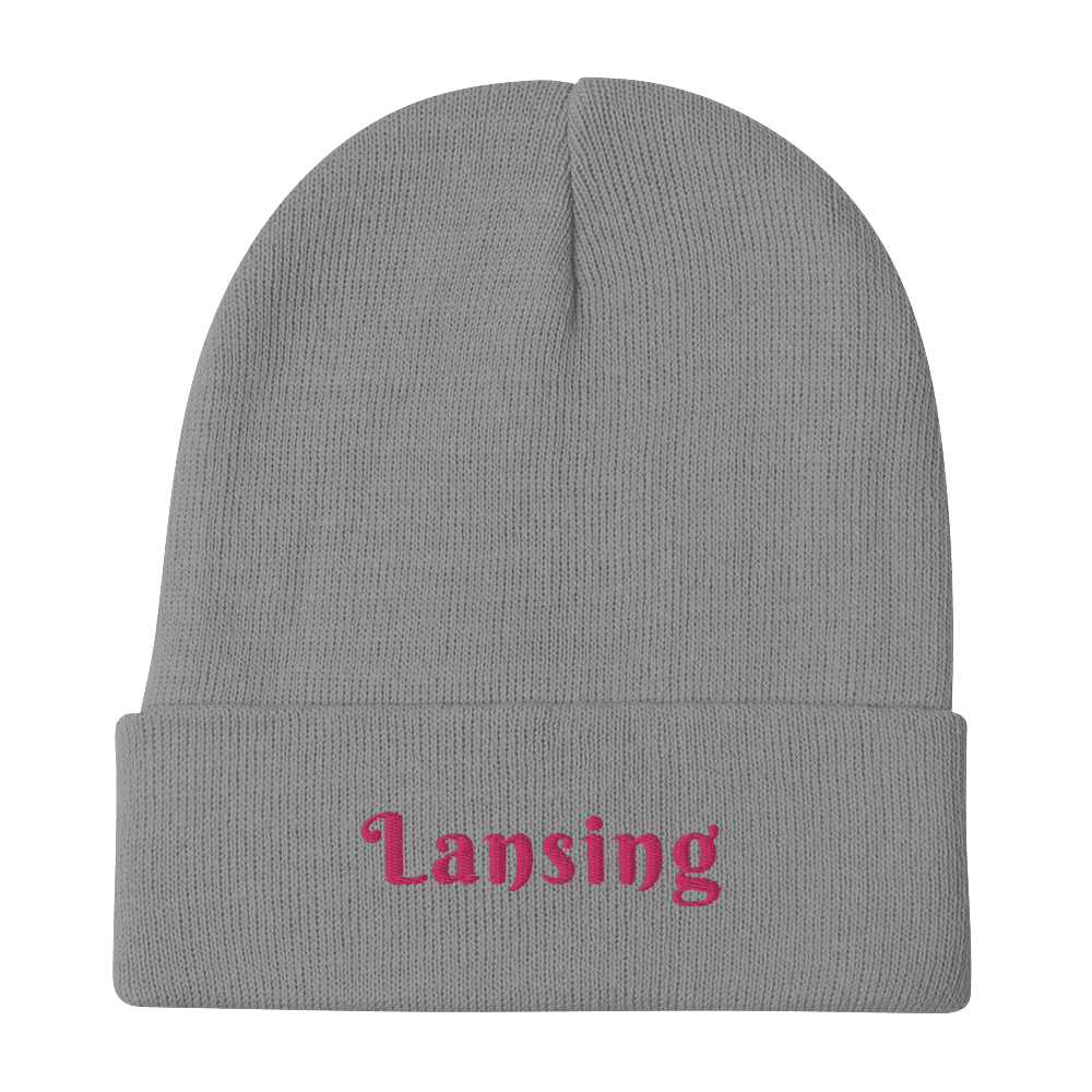 'Lansing' Winter Beanie (Swash Font) | Pink Embroidery - Circumspice Michigan