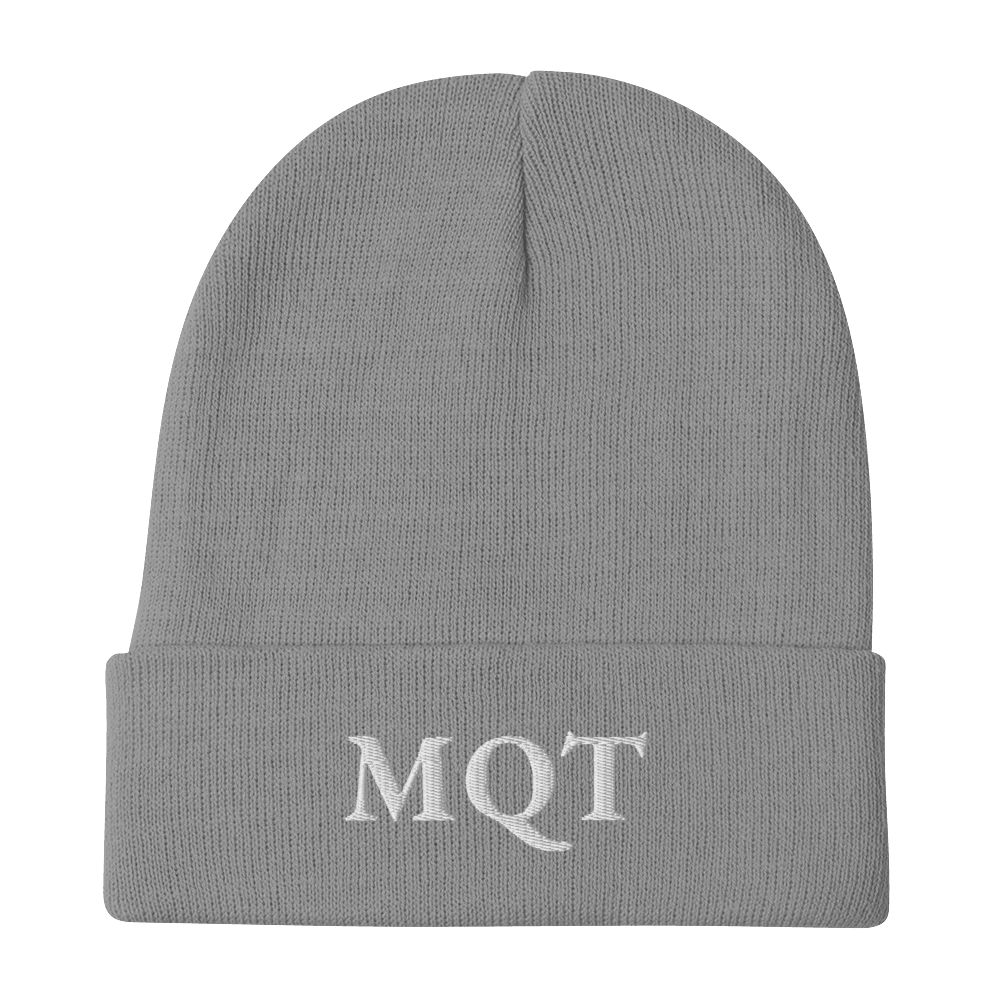 Marquette 'MQT' Winter Beanie (French Serif Font) | White/Black Embroidery - Circumspice Michigan