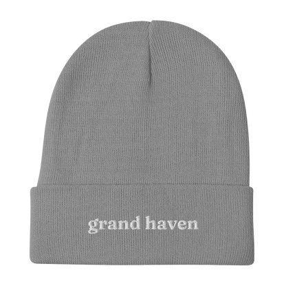 'Grand Haven' Winter Beanie (Old-Style Serif Font) | White/Navy Embroidery - Circumspice Michigan