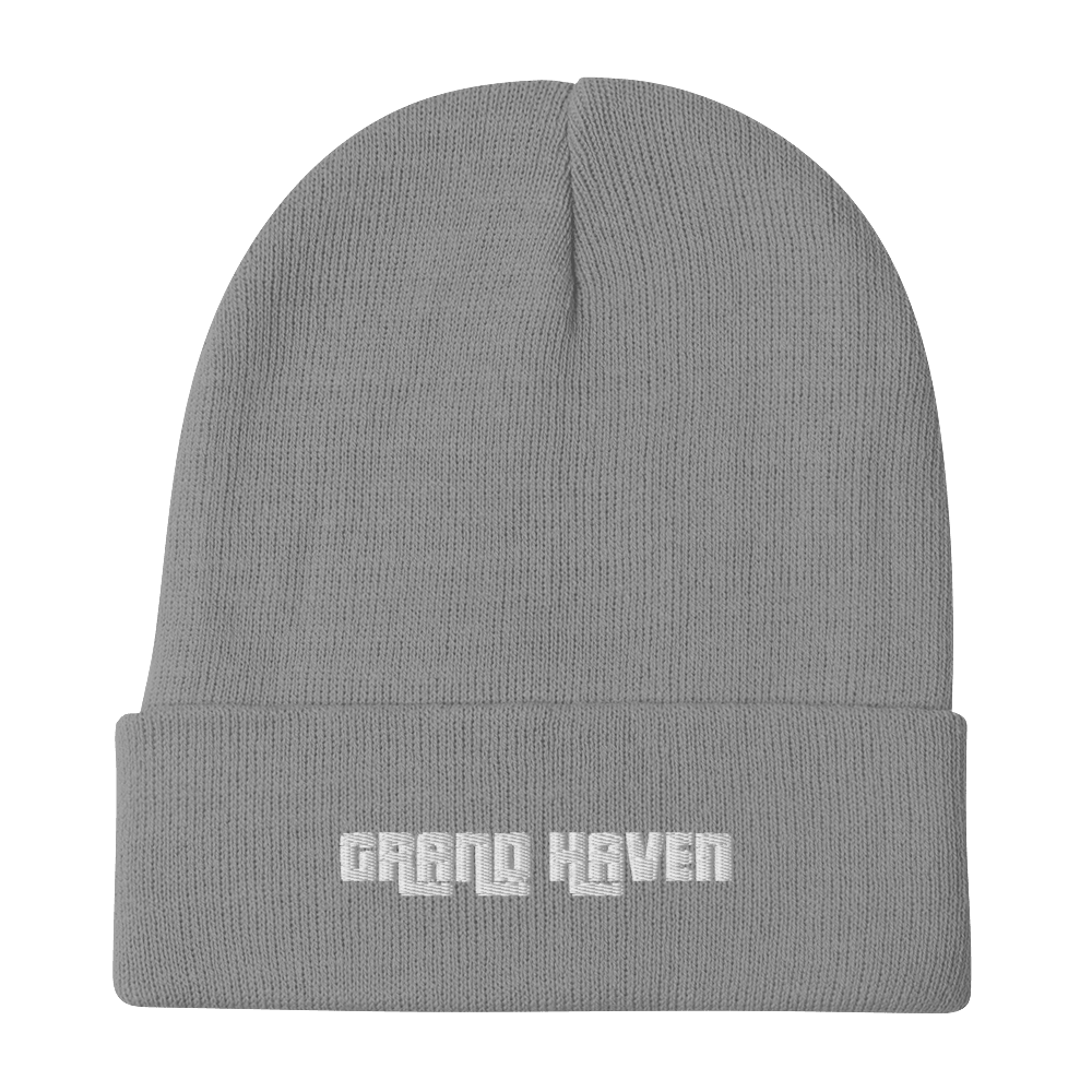 'Grand Haven' Winter Beanie (1970s Font) | White/Black Embroidery - Circumspice Michigan