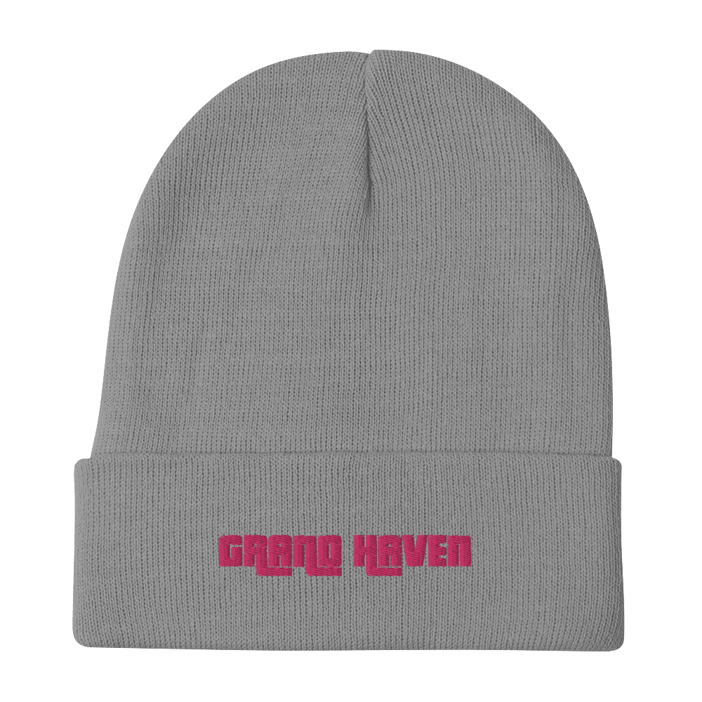 'Grand Haven' Winter Beanie (1970s Font) | Pink Embroidery - Circumspice Michigan