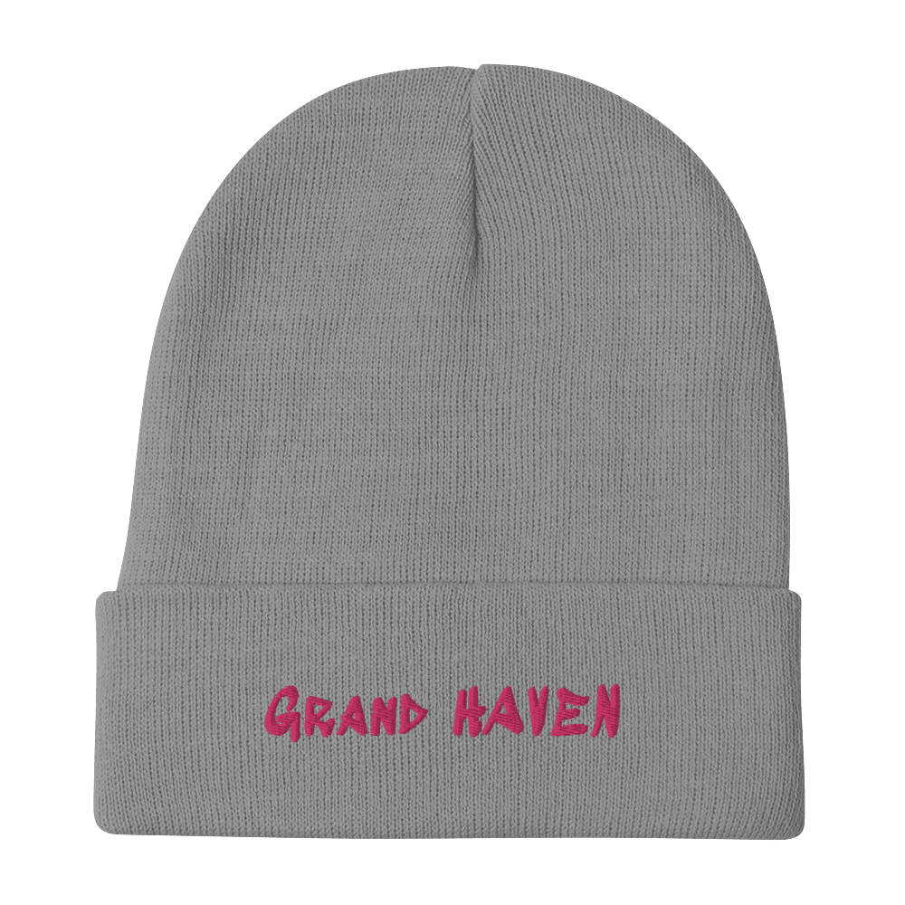 'Grand Haven' Winter Beanie (1980s Hip Hop Font) | Pink Embroidery - Circumspice Michigan