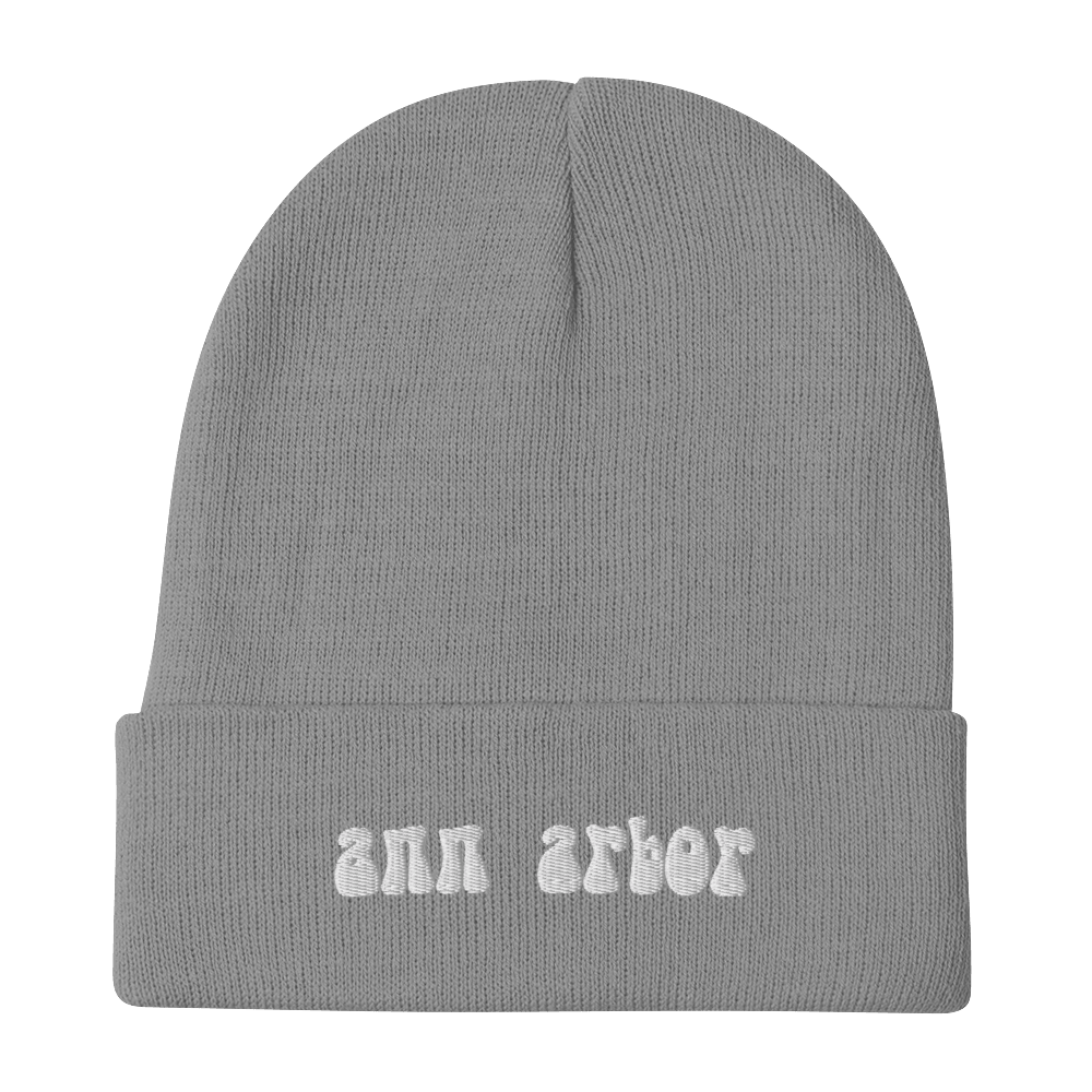 'Ann Arbor' Winter Beanie (1960s Font) | White Embroidery - Circumspice Michigan