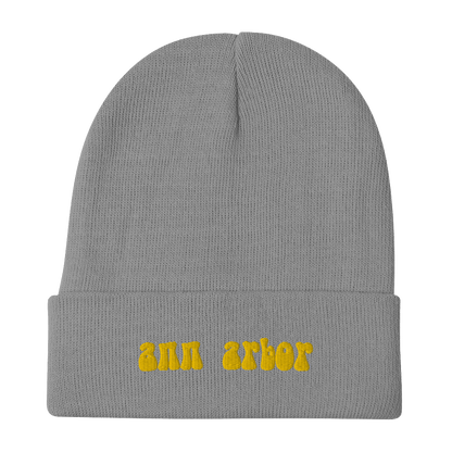 'Ann Arbor' Winter Beanie (1960s Font) | Gold Embroidery - Circumspice Michigan