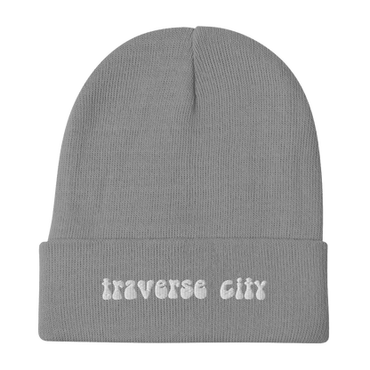 'Traverse City' Winter Beanie (1960s Font) | White/Black Embroidery - Circumspice Michigan