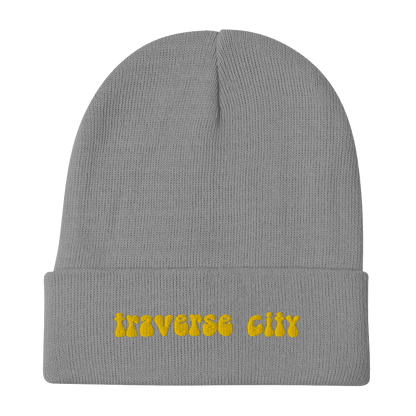 'Traverse City' Winter Beanie (1960s Font) | Gold Embroidery - Circumspice Michigan