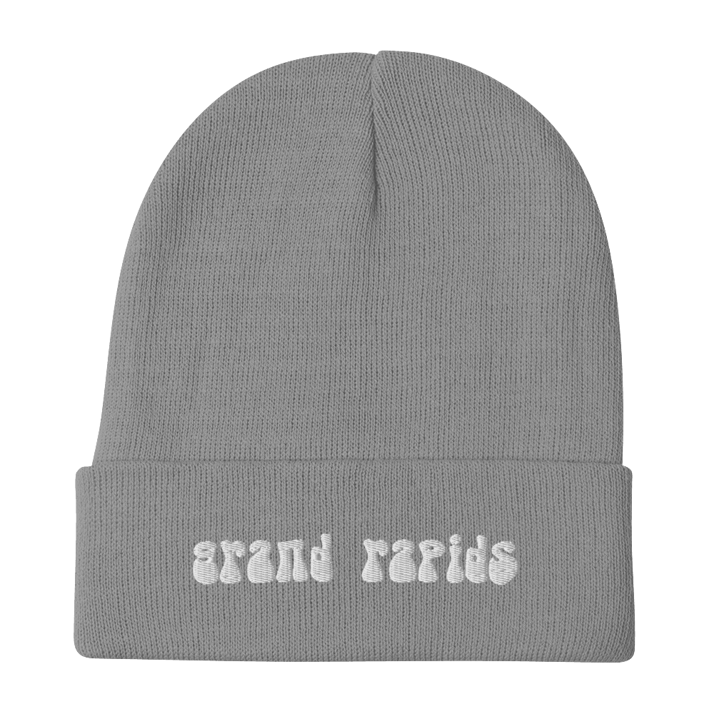 'Grand Rapids' Winter Beanie (1960s Font) | White/Black Embroidery - Circumspice Michigan