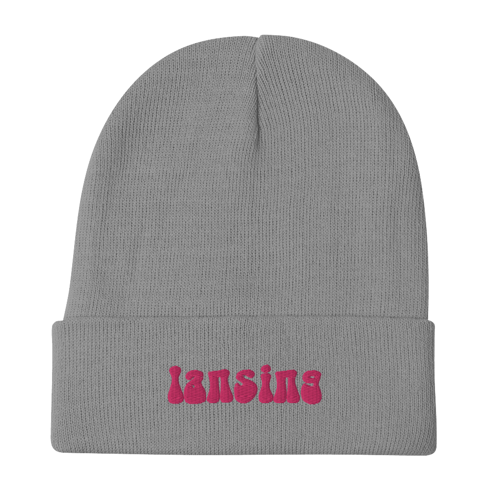 'Lansing' Winter Beanie (1960s Font) | Pink Embroidery - Circumspice Michigan