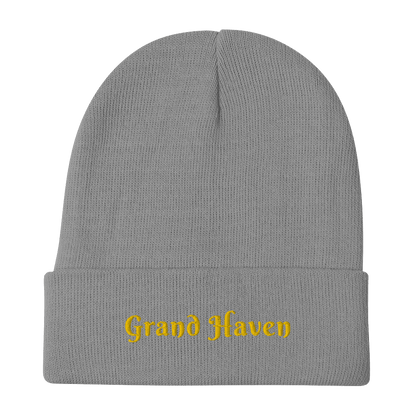 'Grand Haven' Winter Beanie (Swash Font) | Gold Embroidery - Circumspice Michigan