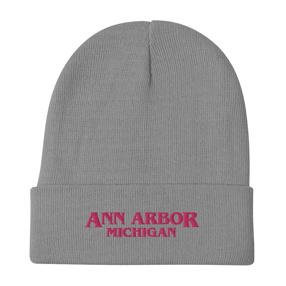 'Ann Arbor Michigan' Winter Beanie (1980s Drama Parody) | Pink Embroidery - Circumspice Michigan