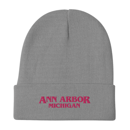 'Ann Arbor Michigan' Winter Beanie (1980s Drama Parody) | Pink Embroidery - Circumspice Michigan