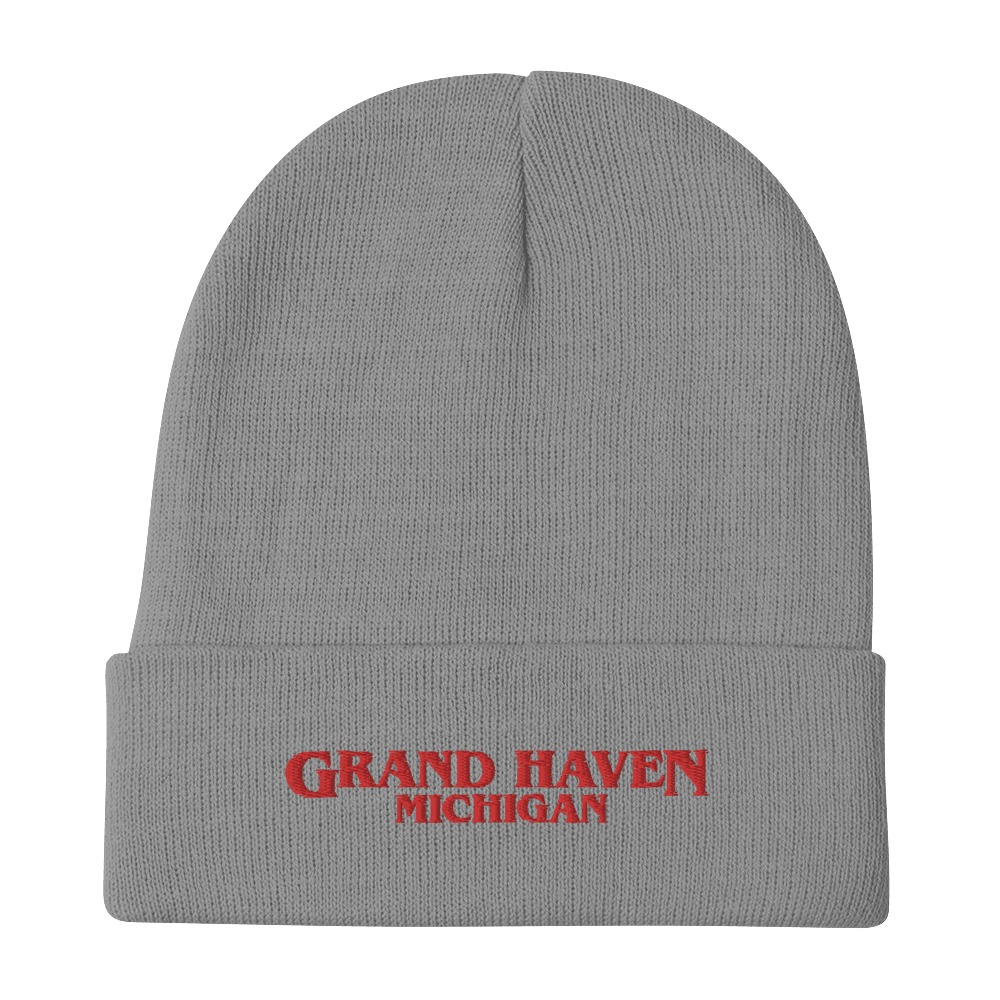 'Grand Haven Michigan' Winter Beanie (1980s Drama Parody) | Red/White Embroidery - Circumspice Michigan