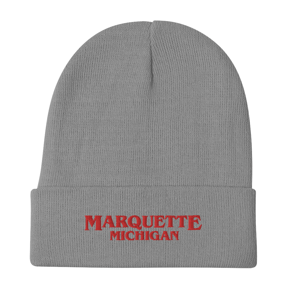 'Marquette Michigan' Winter Beanie (1980s Drama Parody) | Red/White Embroidery - Circumspice Michigan