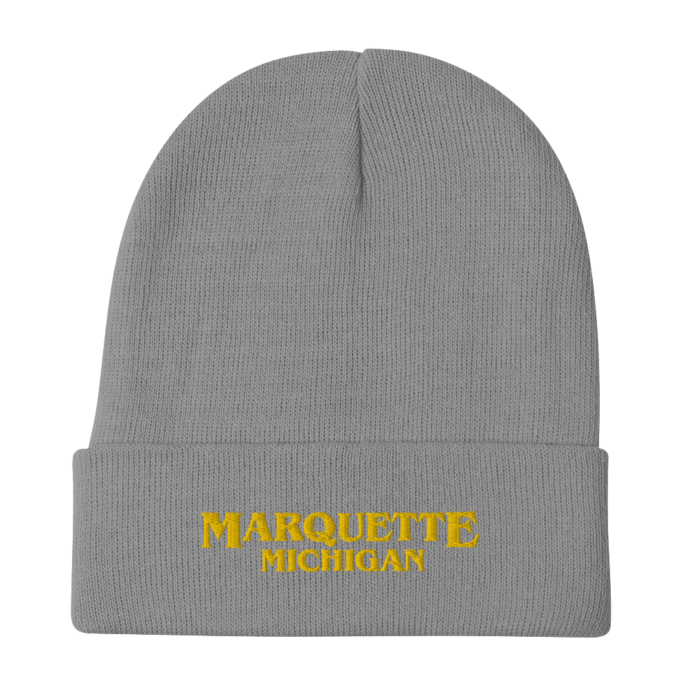 'Marquette Michigan' Winter Beanie (1980s Drama Parody) | Gold Embroidery - Circumspice Michigan