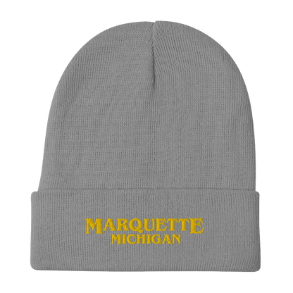 'Marquette Michigan' Winter Beanie (1980s Drama Parody) | Gold Embroidery - Circumspice Michigan