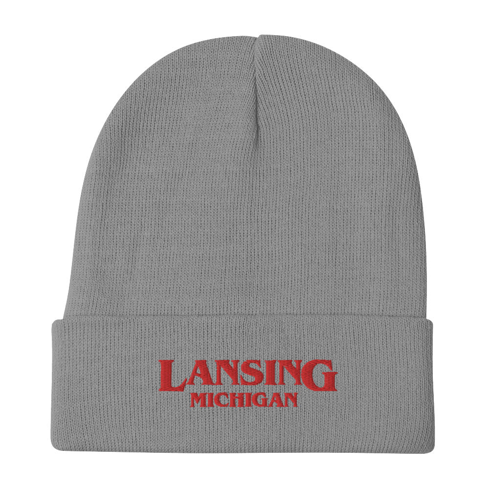 'Lansing Michigan' Winter Beanie (1980s Drama Parody) | Red/White Embroidery - Circumspice Michigan