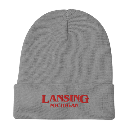 'Lansing Michigan' Winter Beanie (1980s Drama Parody) | Red/White Embroidery - Circumspice Michigan