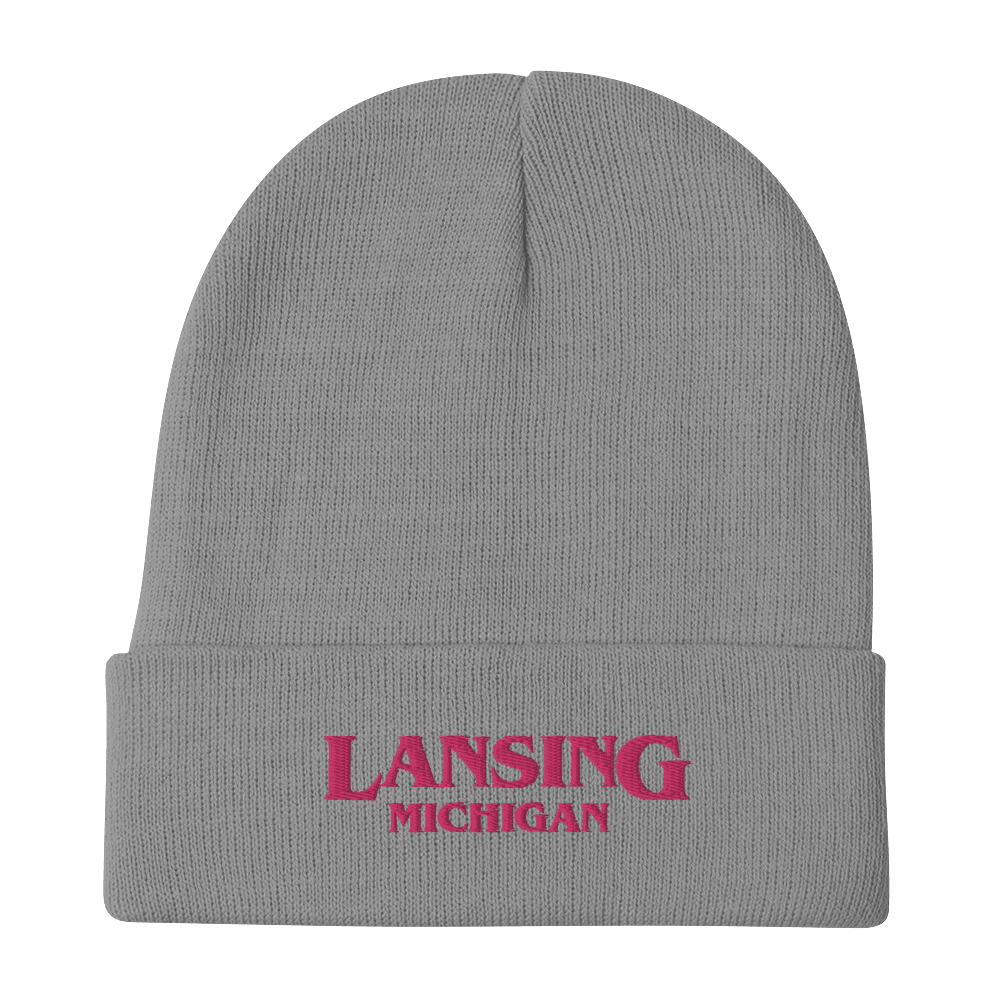 'Lansing Michigan' Winter Beanie (1980s Drama Parody) | Pink Embroidery - Circumspice Michigan