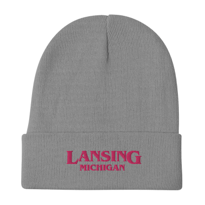 'Lansing Michigan' Winter Beanie (1980s Drama Parody) | Pink Embroidery - Circumspice Michigan