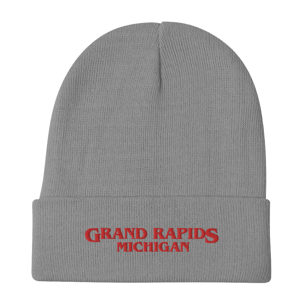 'Grand Rapids' Winter Beanie (1980s Drama Parody) l Red/White Embroidery - Circumspice Michigan