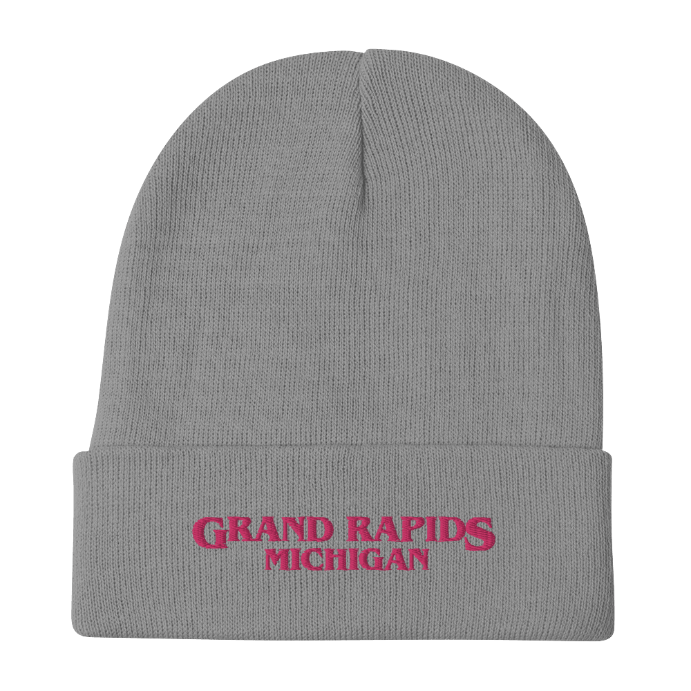 'Grand Rapids' Winter Beanie (1980s Drama Parody) | Pink Embroidery - Circumspice Michigan