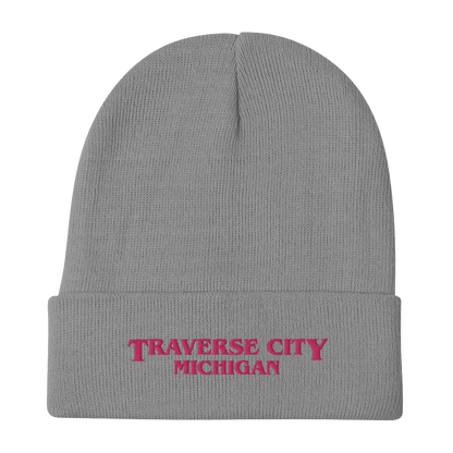 'Traverse City Michigan' Winter Beanie (1980s Drama Parody) | Pink Embroidery - Circumspice Michigan