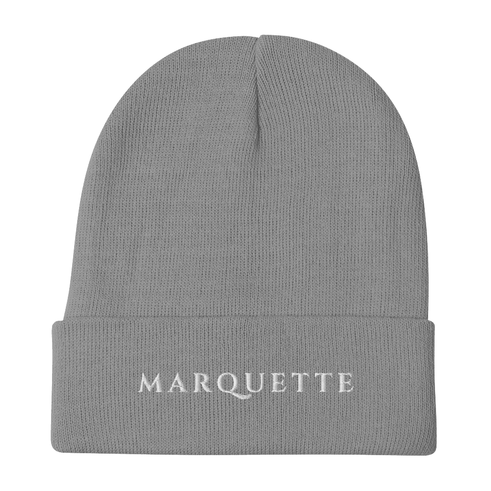 'Marquette' Winter Beanie (Roman-Style Serif Font) | White/Black Embroidery - Circumspice Michigan