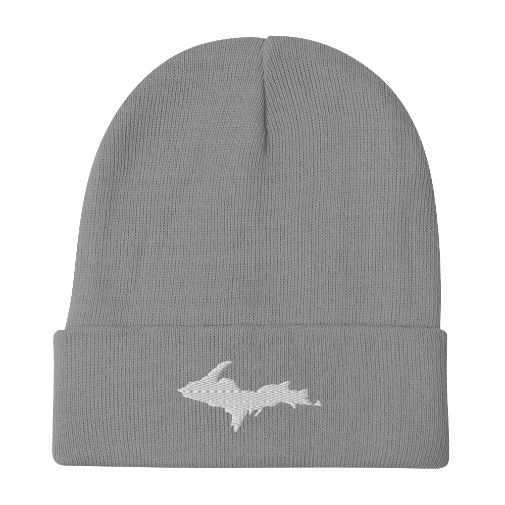 Upper Peninsula Winter Beanie | White/Navy Embroidery - Circumspice Michigan