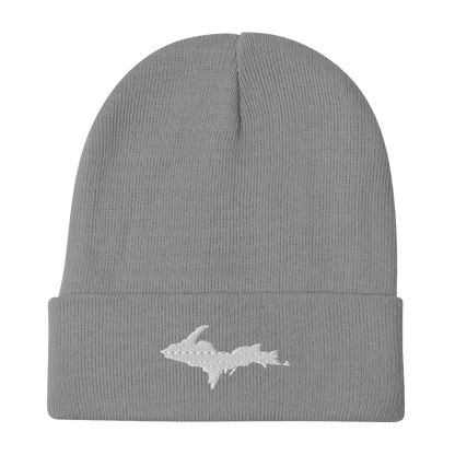 Upper Peninsula Winter Beanie | White/Navy Embroidery - Circumspice Michigan