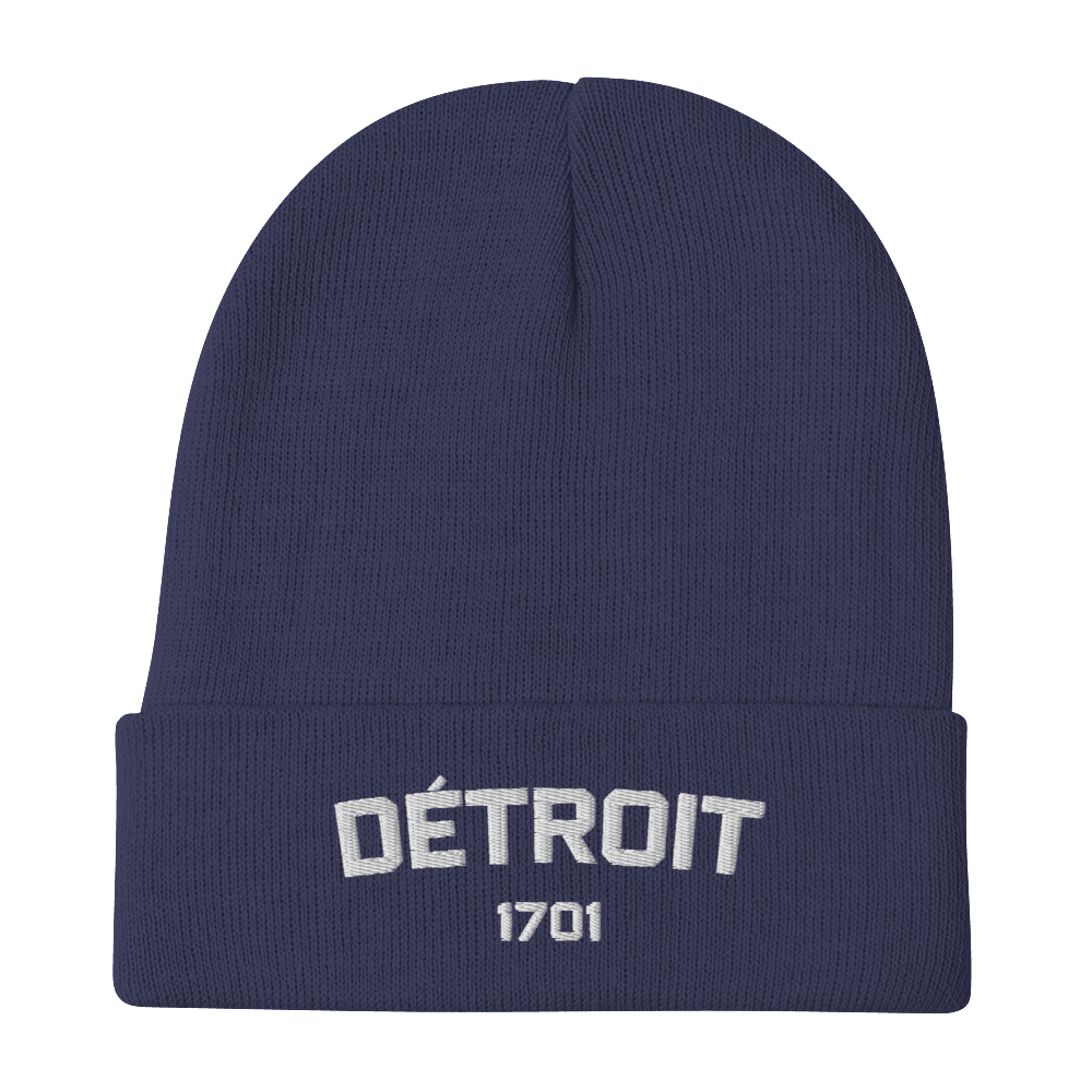 'Détroit 1701' Winter Beanie | White/Navy Embroidery - Circumspice Michigan