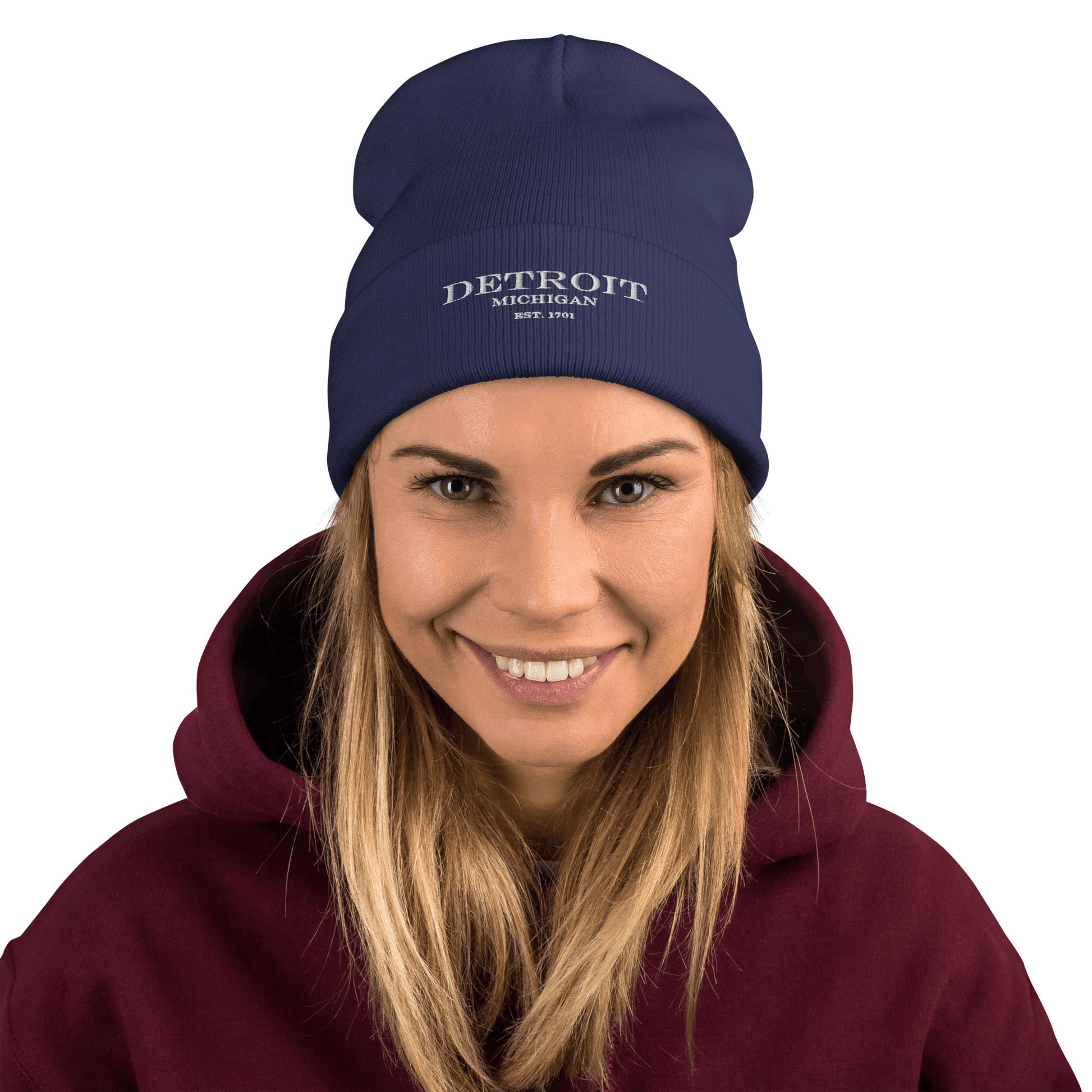 'Detroit Michigan EST. 1701' Winter Beanie | White Embroidery - Circumspice Michigan