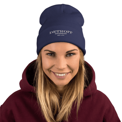 'Detroit Michigan EST. 1701' Winter Beanie | White Embroidery - Circumspice Michigan