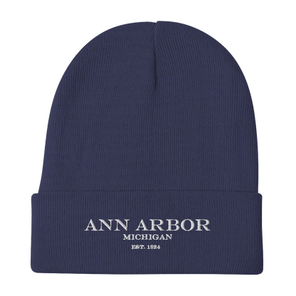 'Ann Arbor Michigan EST 1824' Winter Beanie | White/Black Embroidery - Circumspice Michigan