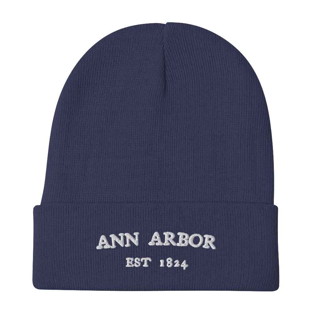 'Ann Arbor EST 1824' Winter Beanie | White/Navy Embroidery - Circumspice Michigan