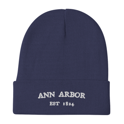 'Ann Arbor EST 1824' Winter Beanie | White/Navy Embroidery - Circumspice Michigan