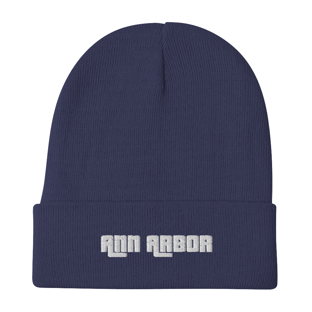 'Ann Arbor' Winter Beanie (1970s Font) | White/Black Embroidery - Circumspice Michigan