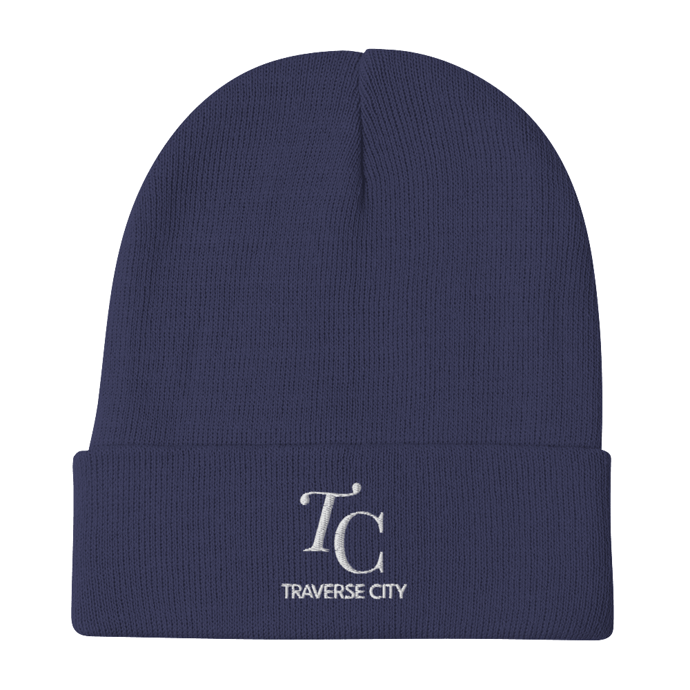 'TC Traverse City' Winter Beanie (Luxury Goods Parody) | White/Black Embroidery - Circumspice Michigan