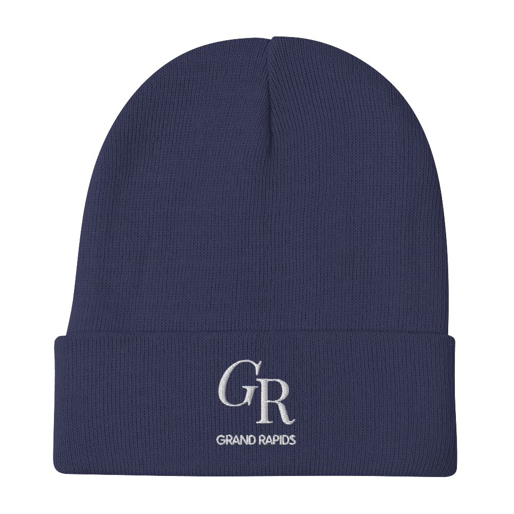 'GR Grand Rapids' Winter Beanie (Luxury Goods Parody) | White/Black Embroidery - Circumspice Michigan