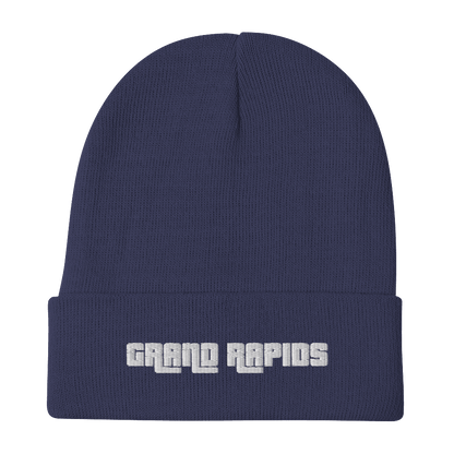 'Grand Rapids' Winter Beanie (1970s Font) | White/Black Embroidery - Circumspice Michigan